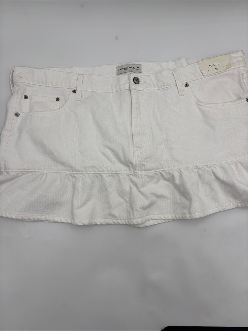 Abercrombie & Fitch Mid Rise Drop-Waist Ruffle Denim Mini Skirt